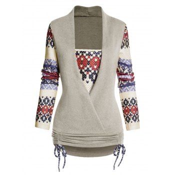 

Tribal Print Knit Faux Twinset Top Cinched Tie Crossover Long Sleeve Knitted Twofer Top, Coffee
