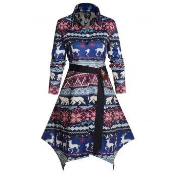 

Tribal Geometric Animal Allover Print Shirt Dress Flower Lace Insert Long Sleeve Belted Mini Dress, Deep blue