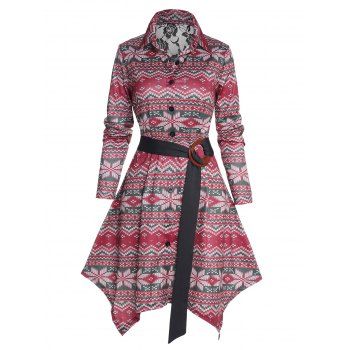 

Ethnic Style Dress Snowflake Zig Zag Printed Button Up Belted High Waisted Long Sleeve Handkerchief Mini Dress, Deep red