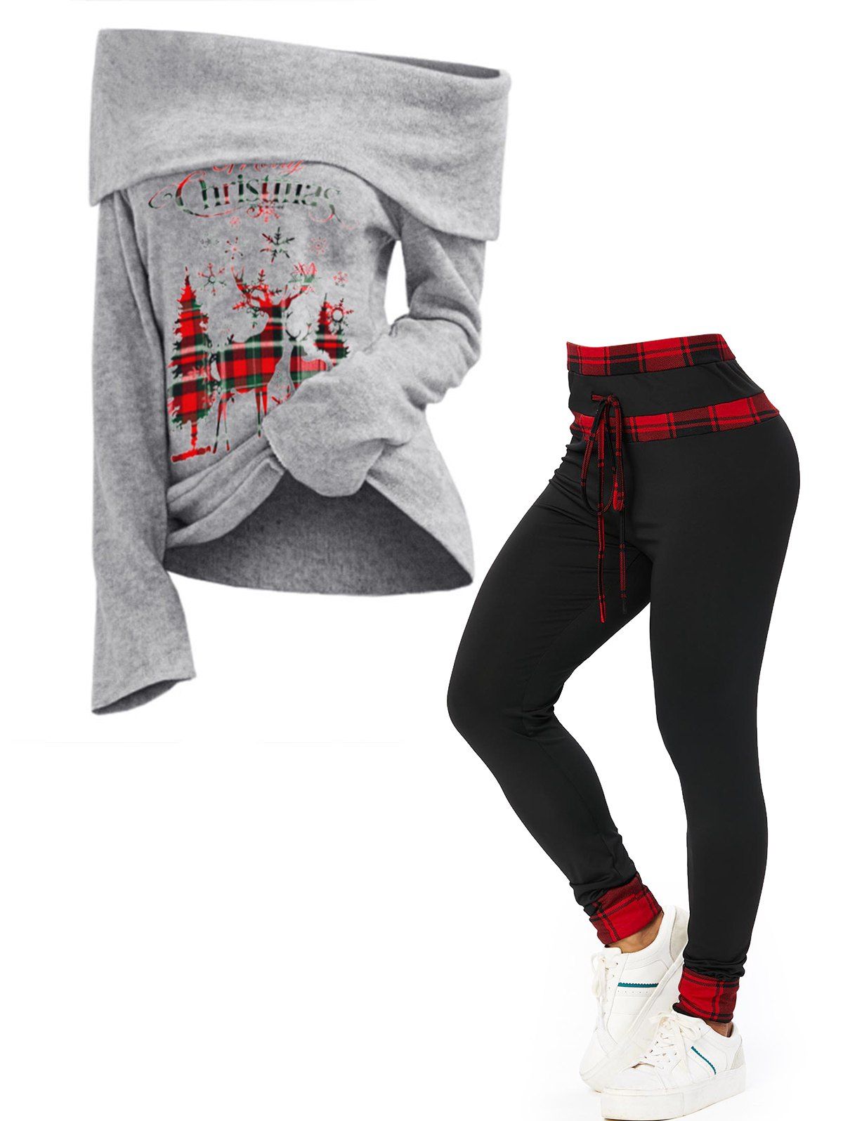 Off The Shoulder Elk Snowflake Letter Graphic Foldover Knit Top And Bowknot Plaid Pattern Leggings Christmas Outfit White