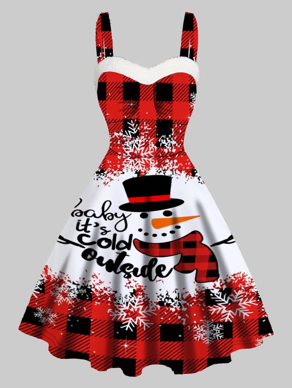 Mini Robe de Noël Ligne A à Imprimé Lettre Graphique et Bonhomme de Neige à Carreaux en Fausse Fourrure sans Manches - Rouge M