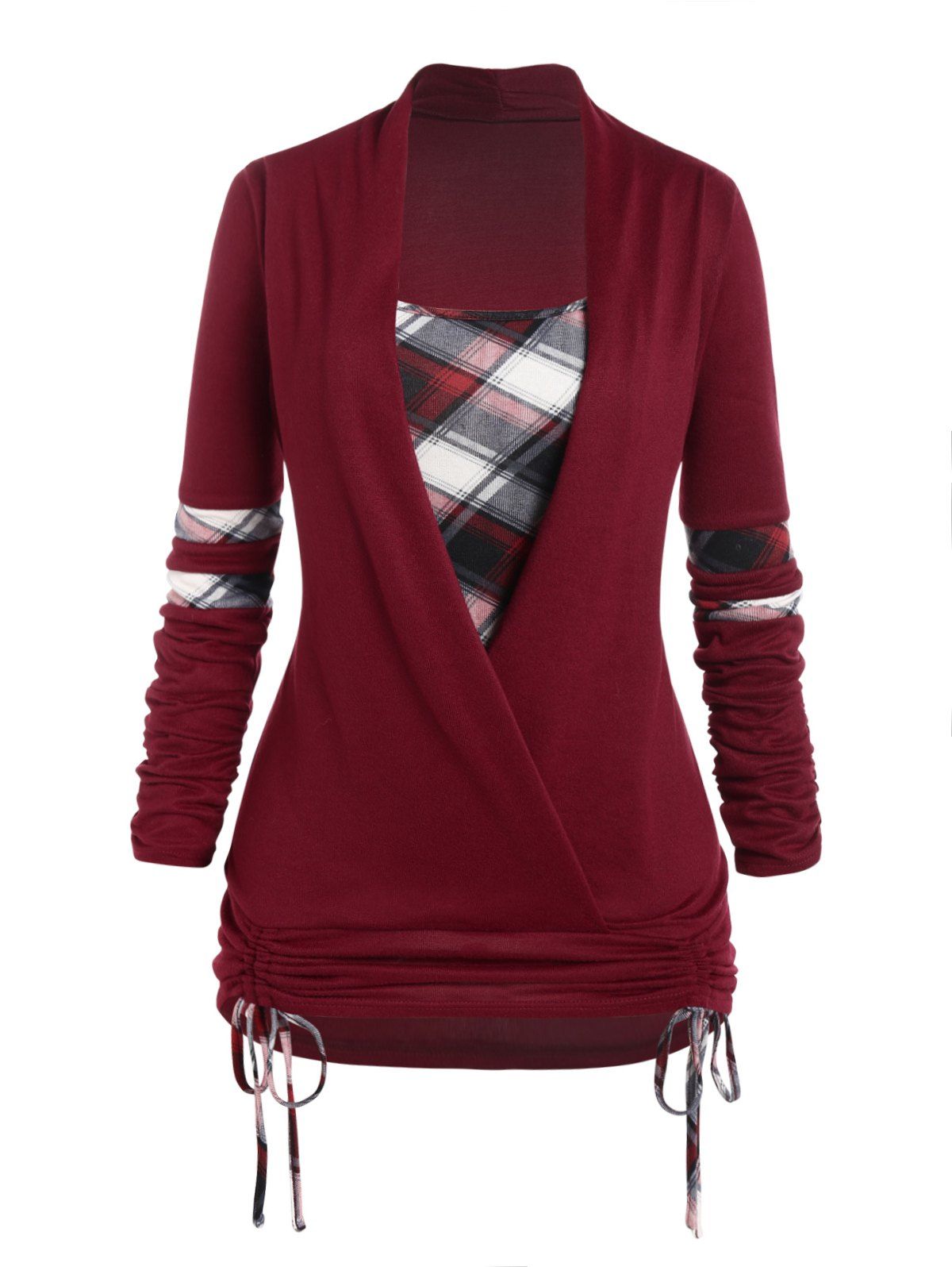 Fashion Women Plus Size Plaid Print Faux Twinset Knitwear Crossover Cinched Tie Full Sleeve Long Knit Top Clothing 5x Deep red