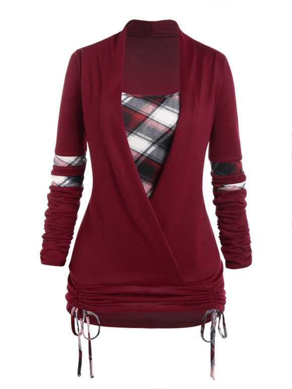 Plus Size Plaid Print Faux Twinset Knitwear Crossover Cinched Tie Full Sleeve Long Knit Top - DEEP RED 5X
