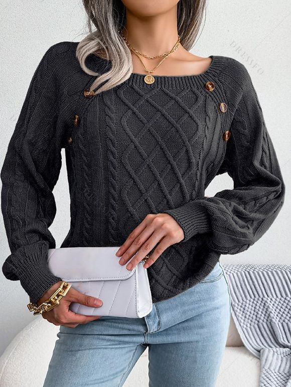 Pull en Tricot à Câble Boutonné à Manches Raglan à Col Rond - Noir S