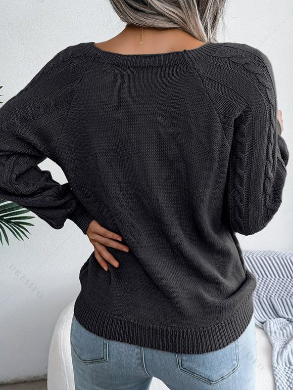 Pull en Tricot à Câble Boutonné à Manches Raglan à Col Rond - Noir S