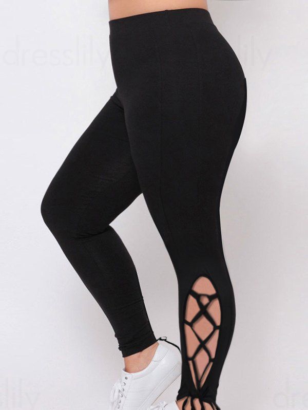 Plus Size Leggings Lace Up Leggings Elastic High Waist Solid Color Casual Leggings - BLACK XXXL