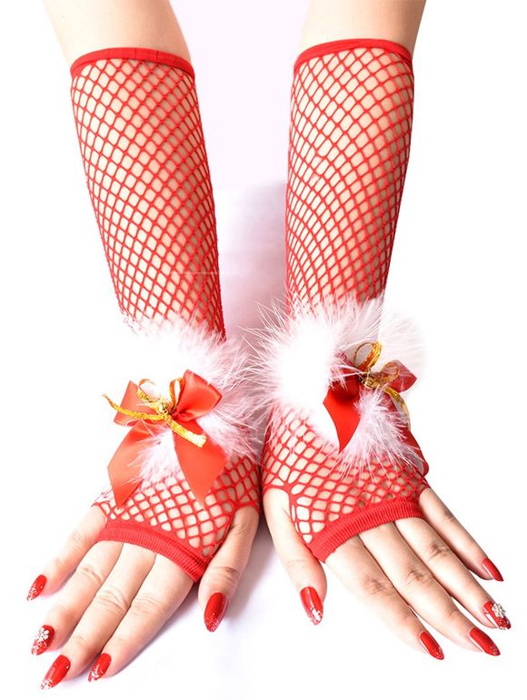 Gants de Noël de Soirée en Fausse Fourrure avec Nœud Papillon - Rouge 