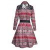 Mini Robe Mouchoir Ceinturée à Imprimé Flocon de Neige à Taille Haute à Manches Longues - Rouge foncé L