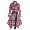 Mini Robe Mouchoir Ceinturée à Imprimé Flocon de Neige à Taille Haute à Manches Longues - Rouge foncé XL