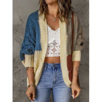 

Contrast Colorblock Cardigan Cable Knit Open Front Long Sleeve Casual Cardigan, Multicolor