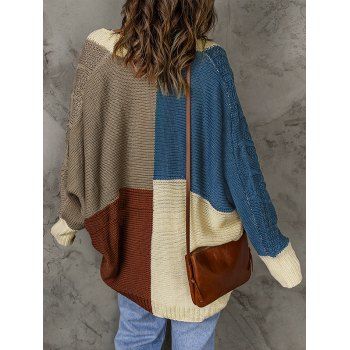 Contrast Colorblock Cardigan Cable Knit Open Front Long Sleeve Casual Cardigan