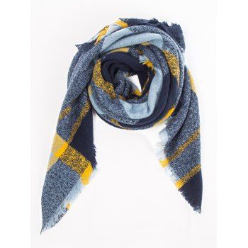 

Circle Shawl Plaid Print Fringe Square Scarf, Denim blue