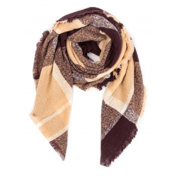

Circle Shawl Plaid Print Fringe Square Scarf, Brown