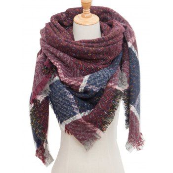 

Plaid Pattern Frayed Hem Triangle Shawl Scarf, Red wine