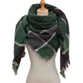 

Plaid Pattern Frayed Hem Triangle Shawl Scarf, Deep green