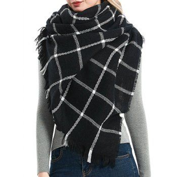 

Plaid Patter Tassel Long Shawl Scraf, Black