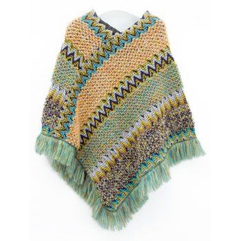 

Tribal Knit Poncho Stripe Batwing Tassel Shawl Cape Sweater Fringed Cloak, Green yellow