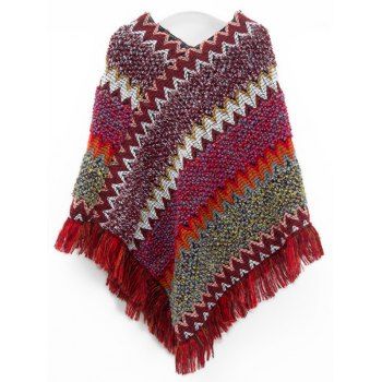 

Tribal Knit Poncho Stripe Batwing Tassel Shawl Cape Sweater Fringed Cloak, Red wine