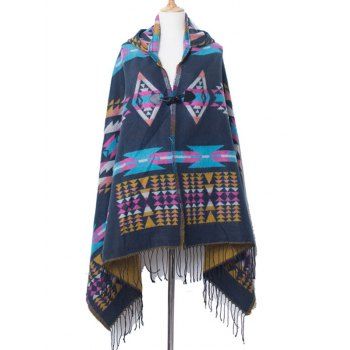 

Ethnic Style Cloak Horn Buckle Hooded Cape Geometric Shawl Bohemian Scarf, Cadetblue