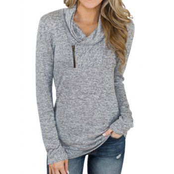 

Heathered Knit Sweatshirt Zipper Embellishment Long Sleeve Shawl Neck Knitted Sweatshirt, Light gray