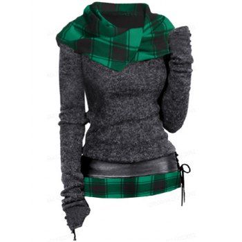 

Plaid Print Hooded Knit Top Long Sleeve Surplice Hood Knitted Top With Lace-up Belt, Green