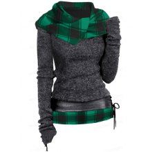 dresslily Plaid Print Hooded Knit Top Long Sleeve Surplice Hood Knitted Top With Lace-up Belt