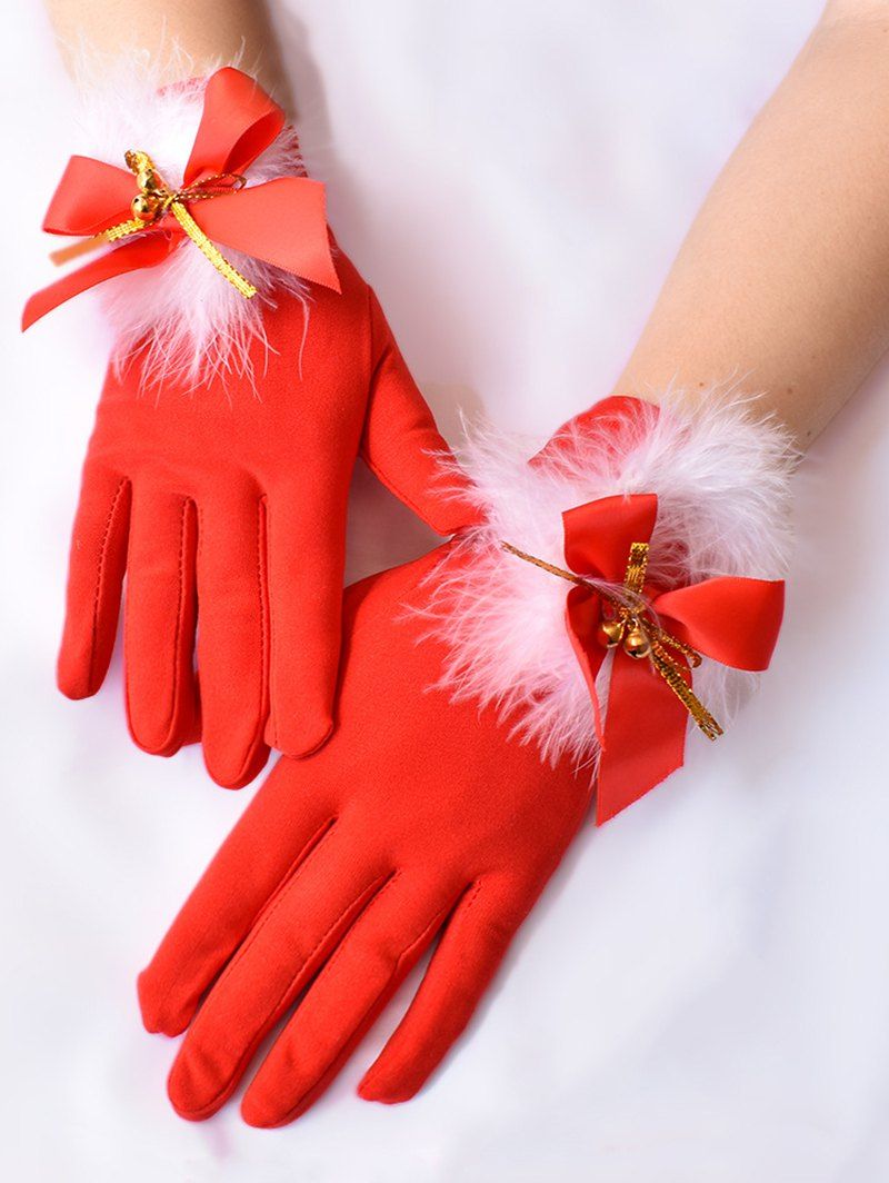 Gants de Noël de Soirée en Fausse Fourrure avec Nœud Papillon - Rouge 