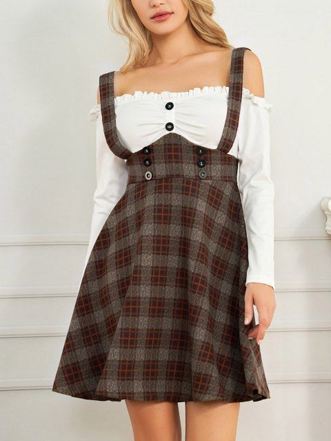 2 In 1 Ruffle Cold Shoulder Plaid Dress