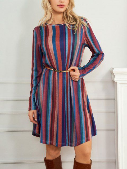 Colored Striped Print Dress Round Neck Long Sleeve A Line Mini Dress