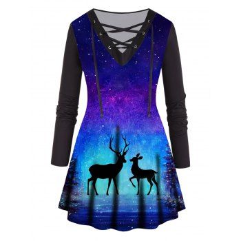 

Plus Size T Shirt Christmas T Shirt Galaxy Elk Print Lace Up Full Sleeve Long Tee, Multicolor