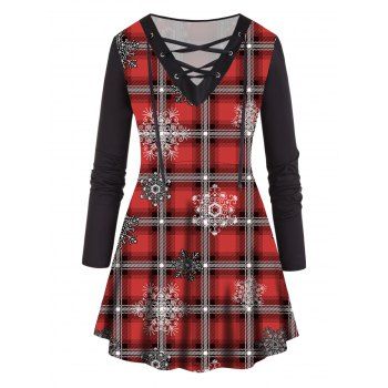 

Plus Size T Shirt Christmas T Shirt Plaid Snowflake Print Lace Up V Neck Long Sleeve Tee, Red