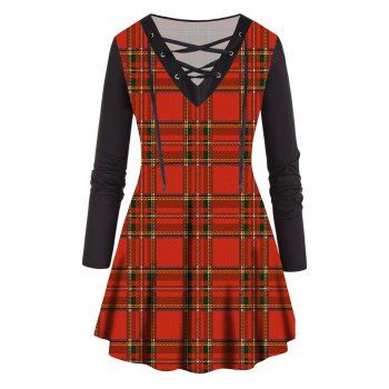 

Plus Size T Shirt Christmas T Shirt Plaid Print Lace Up Full Sleeve V Neck Long Tee, Red