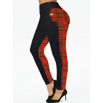 

Plus Size Leggings Christmas Leggings Plaid Print High Waisted Skinny Long Leggings, Red