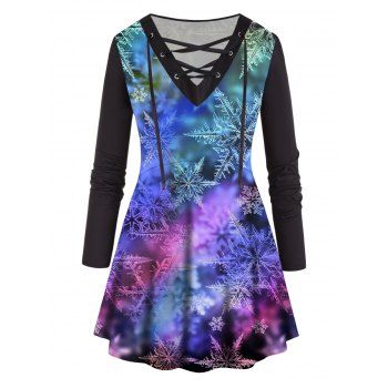 

Plus Size T Shirt Christmas T Shirt Galaxy Snowflake Print Lace Up V Neck Long Sleeve Tee, Multicolor