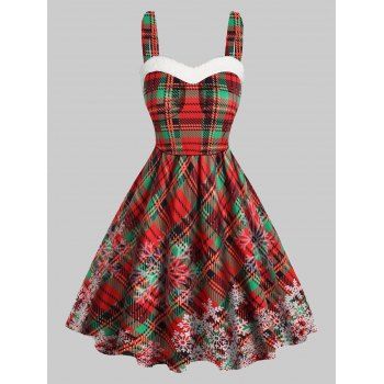 

Christmas Snowflake Plaid Print Cami Dress Faux Fur Panel Sweetheart Neck Sleeveless Mini A Line Dress, Red