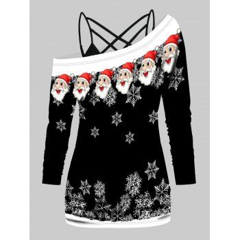 

Chrismas Santa Claus Snowflake Print Skew Collar Long Sleeve Top And Solid Color Crisscross Camisole Two Piece Set, Black