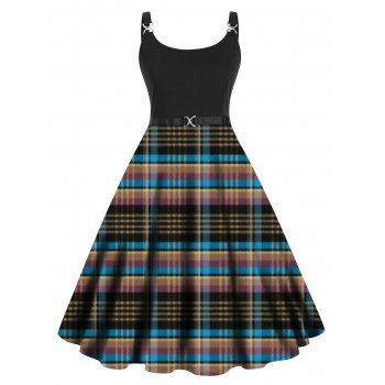 

Plus Size Dress Colored Plaid Print Twisted High Waisted A Line Midi Dress, Multicolor
