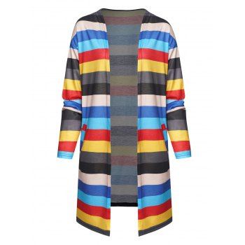 

Colored Striped Print Top Open Front Side Pocket Full Sleeve Long Top, Multicolor