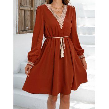 

Lace Panel Dress V Neck Long Sleeve High Waisted Dress Belted A Line Mini Dress, Red