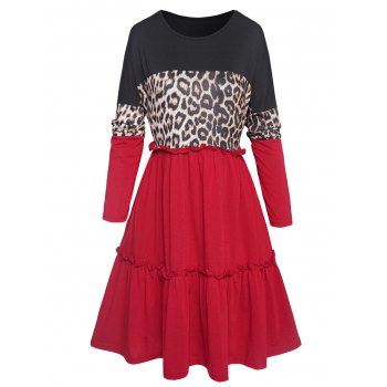 

Contrast Colorblock Dress Leopard Print Long Sleeve Ruffle A Line Mini Dress, Multicolor