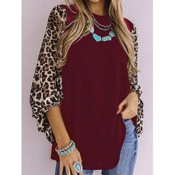 

Leopard Print Colorblock Panel Long Sleeve Top, White