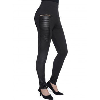 

Zipper Pockets Pleated Faux Leather Panel Pants High Waist Skinny Pencil Pants, Black