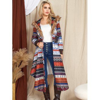 

Asymmetric Flower Geometric Tribal Pattern Elk Allover Print Long Line Faux Fur Hood Coat Horn Button Flocking Liner Hooded Coat, Multicolor