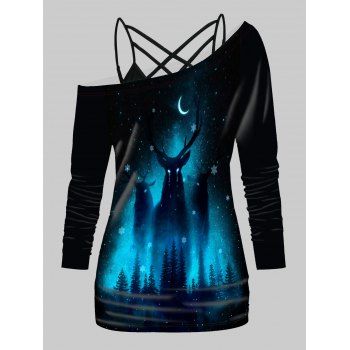 

Elk Snowflalk Moon Night Print Skew Collar Long Sleeve Top And Plain Crisscross Camisole Two Piece Set, Black
