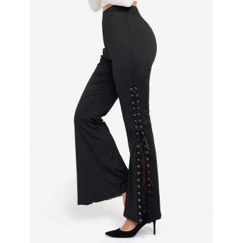 

Eyelet Lace Up Flare Pants High Waist Sheer Lace Panel Long Pants, Black