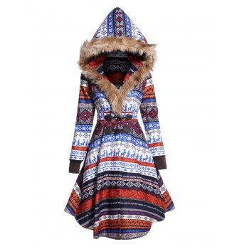 

Asymmetric Flower Geometric Tribal Pattern Elk Allover Print Long Line Faux Fur Hood Coat Horn Button Flocking Liner Hooded Coat, Multicolor