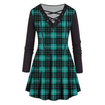 

Plus Size T Shirt Christmas T Shirt Plaid Print Lace Up V Neck Full Sleeve Long Tee, Green