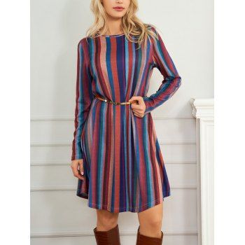 

Colored Vertical Striped Print Dress Round Neck Long Sleeve A Line Mini Dress, Multicolor a