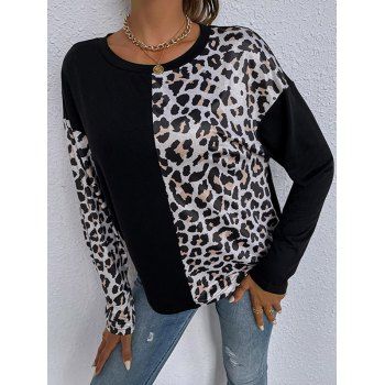 

Leopard Half And Half Print T-shirt Drop Shoulder Long Sleeve Tee, Multicolor