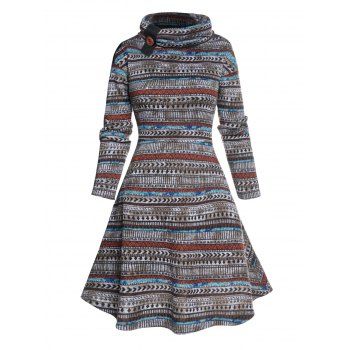 

Ethnic Style Dress Striped Printed Dress Long Sleeve High Waisted A Line Mini Dress, Coffee
